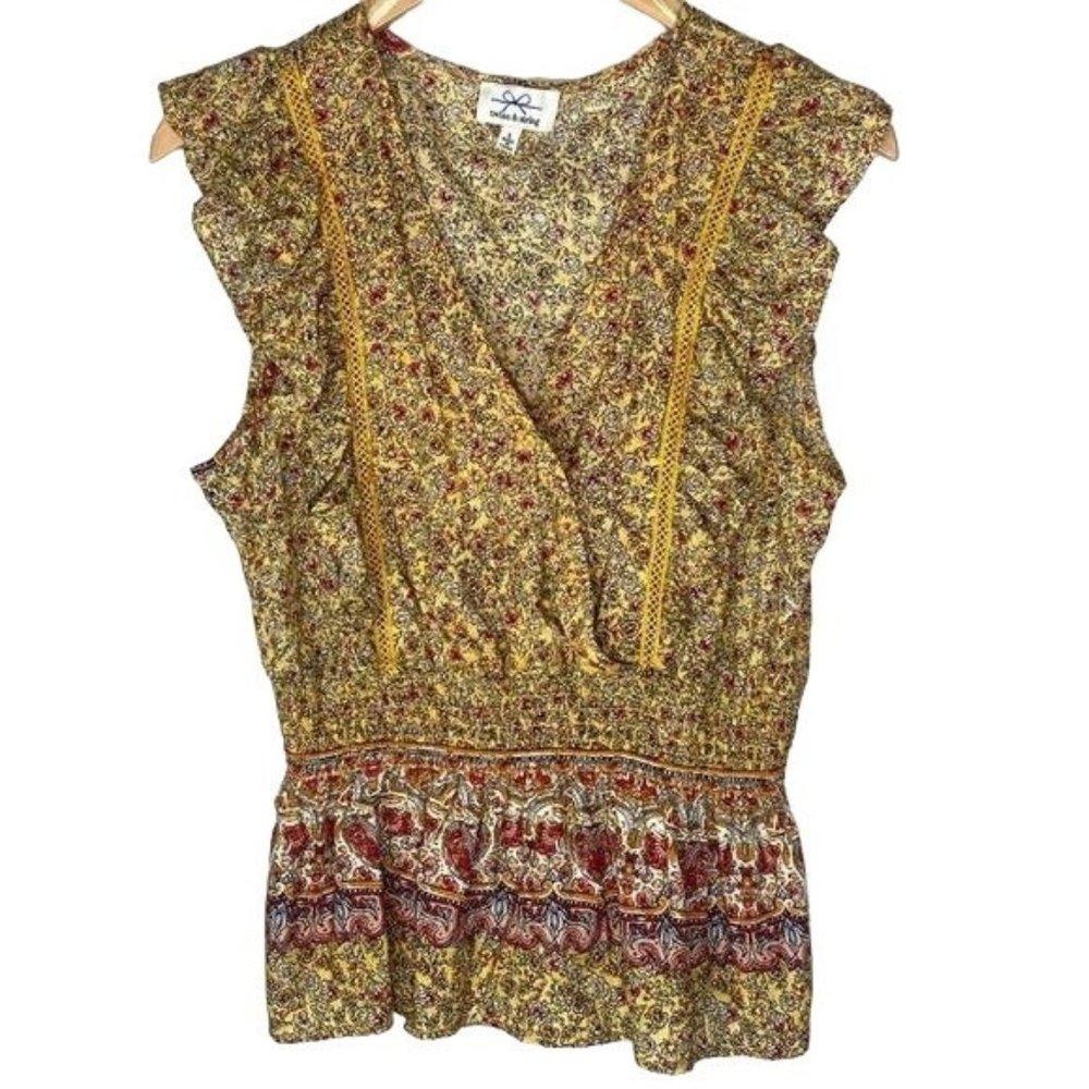 Twine & String Ladies blouse bohemian ruffle yellow brown floral size Large